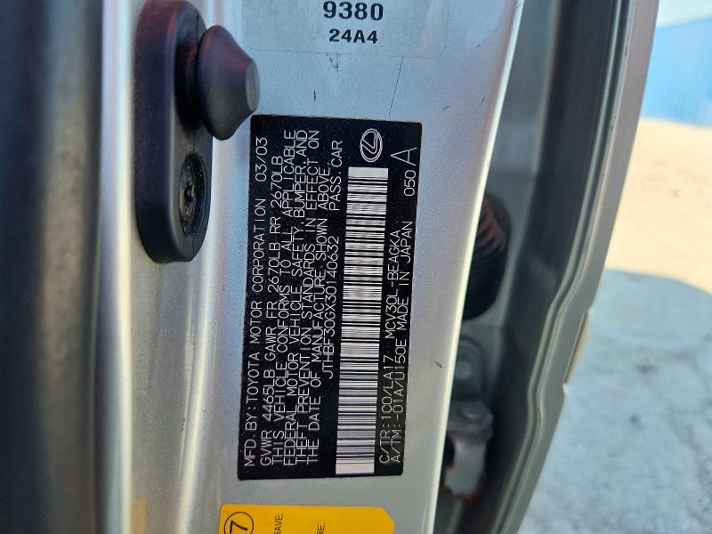 2003 Lexus Es მანქანა იყიდება აუქციონზე, vin: JTHBF30GX30140632, აუქციონის ნომერი: 62849426