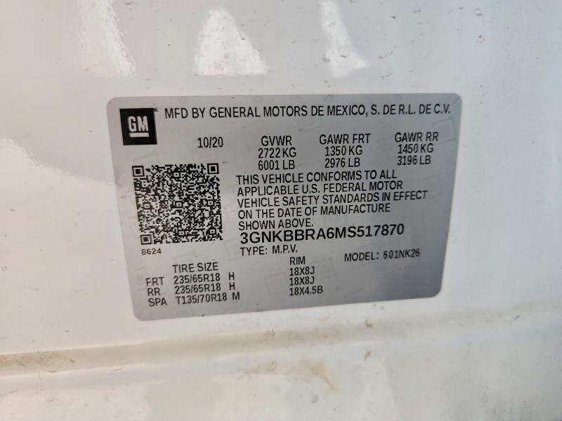 Aukcja sprzedaży 2021 Chevrolet Blazer, vin: 3GNKBBRA6MS517870, numer aukcji: 57846806