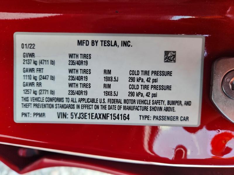 Продажа на аукционе авто 2022 Tesla Model 3, vin: 5YJ3E1EAXNF154164, номер лота: 59732626