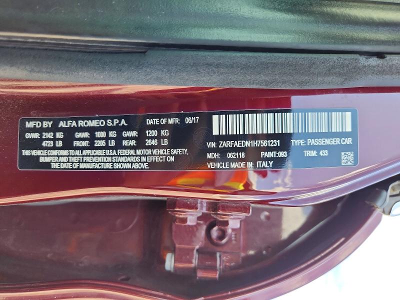 62466356 :رقم المزاد ، ZARFAEDN1H7561231 vin ، 2017 Alfa Romeo Giulia مزاد بيع