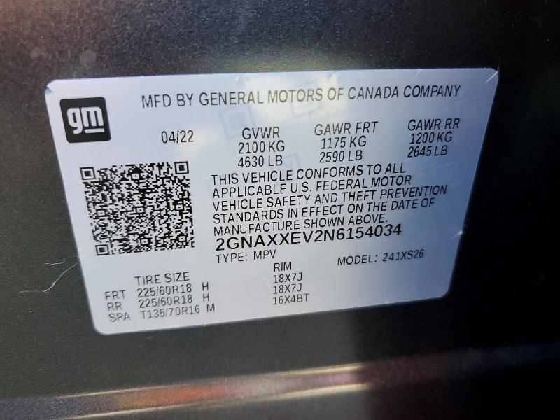 Aukcja sprzedaży 2022 Chevrolet Equinox, vin: 2GNAXXEV2N6154034, numer aukcji: 60653606