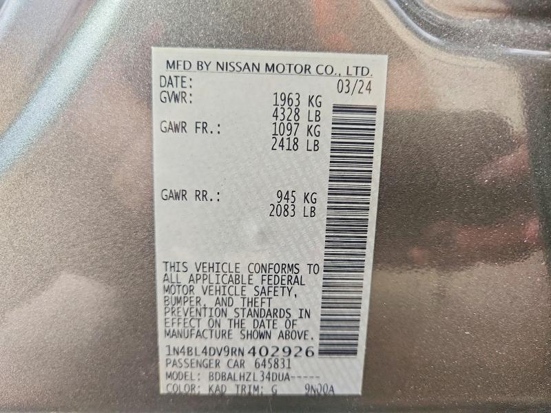 2024 Nissan Altima მანქანა იყიდება აუქციონზე, vin: 1N4BL4DV9RN402926, აუქციონის ნომერი: 62853606