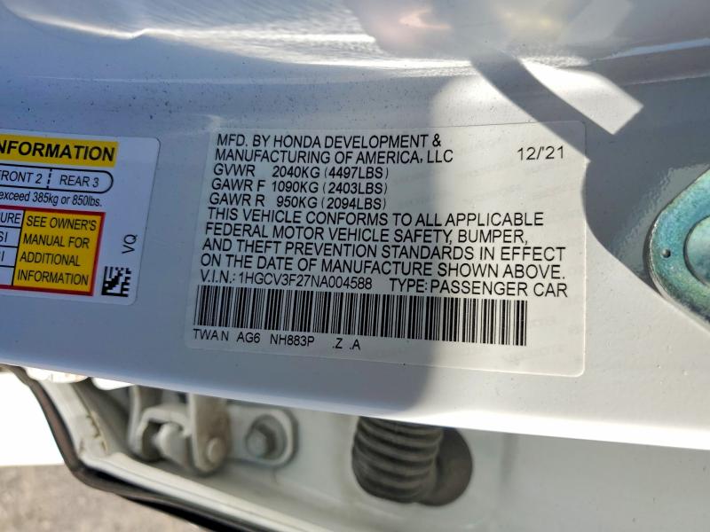 2022 Honda Accord მანქანა იყიდება აუქციონზე, vin: 1HGCV3F27NA004588, აუქციონის ნომერი: 60091176
