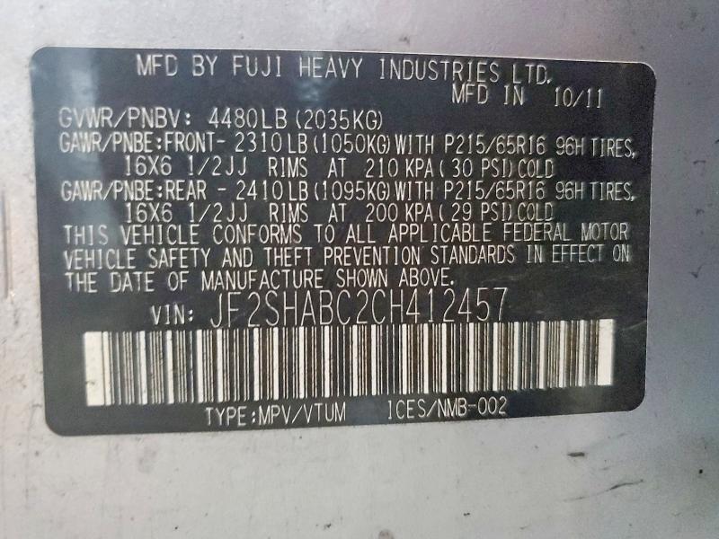 2012 Subaru Forester მანქანა იყიდება აუქციონზე, vin: JF2SHABC2CH412457, აუქციონის ნომერი: 61543026