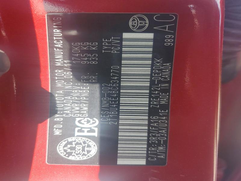 59138436 :رقم المزاد ، 2T1BU4EE4BC634770 vin ، 2011 Toyota Corolla مزاد بيع