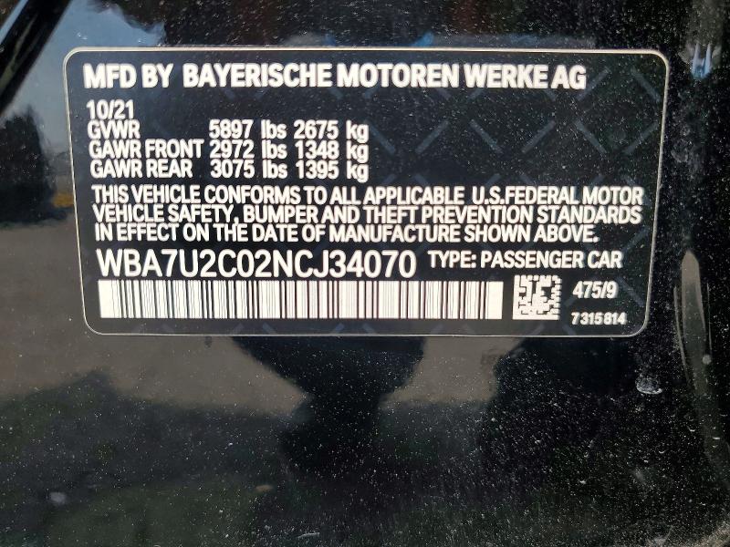 2022 Bmw 750 მანქანა იყიდება აუქციონზე, vin: WBA7U2C02NCJ34070, აუქციონის ნომერი: 61122166