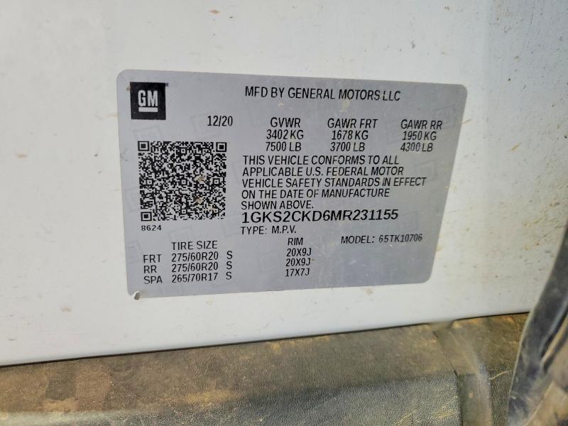 Aukcja sprzedaży 2021 Gmc Yukon, vin: 1GKS2CKD6MR231155, numer aukcji: 62627146