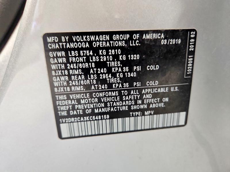 2019 Volkswagen Atlas მანქანა იყიდება აუქციონზე, vin: 1V2DR2CA3KC548159, აუქციონის ნომერი: 61666466