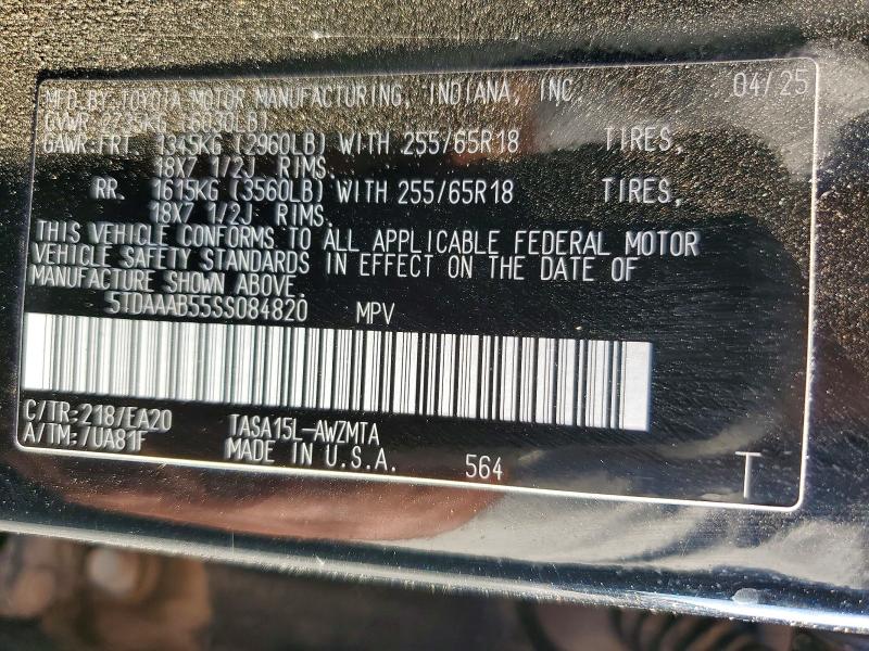 Aukcja sprzedaży 2025 Toyota Grand Highlander, vin: 5TDAAAB55SS084820, numer aukcji: 63284846