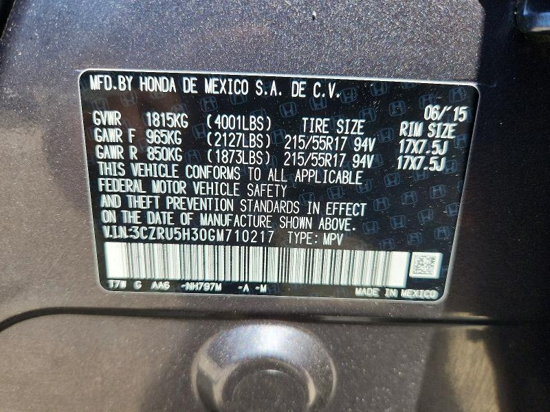 Продаж на аукціоні авто 2016 Honda Hr-v, vin: 3CZRU5H30GM710217, номер лоту: 59837496