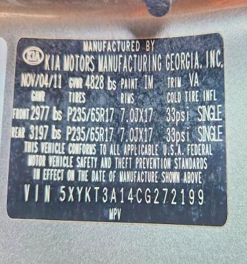 2012 Kia Sorento მანქანა იყიდება აუქციონზე, vin: 5XYKT3A14CG272199, აუქციონის ნომერი: 62661596