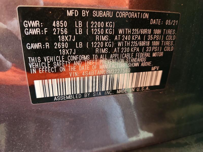 62300366 :رقم المزاد ، 4S4BTANC8M3227560 vin ، 2021 Subaru Outback مزاد بيع