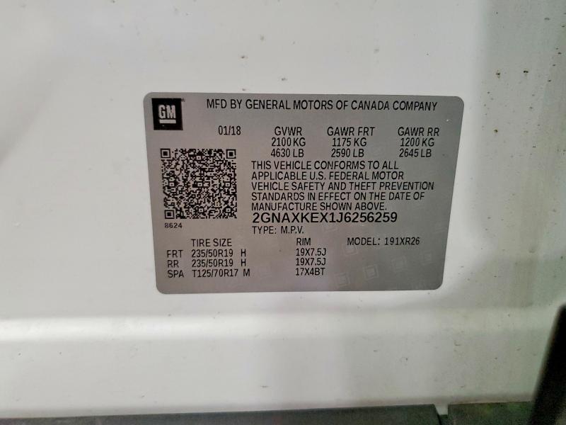 2018 Chevrolet Equinox მანქანა იყიდება აუქციონზე, vin: 2GNAXKEX1J6256259, აუქციონის ნომერი: 61131576