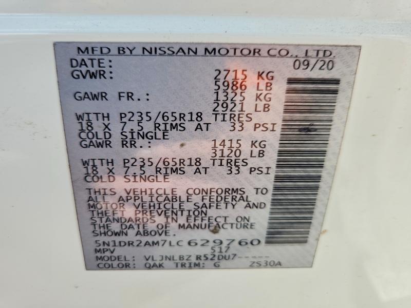 2020 Nissan Pathfinder მანქანა იყიდება აუქციონზე, vin: 5N1DR2AM7LC629760, აუქციონის ნომერი: 62028516