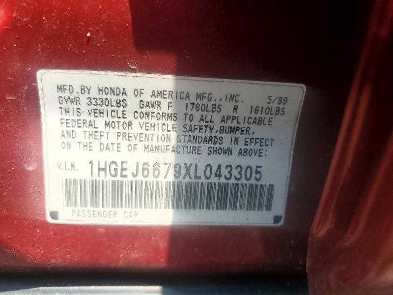 61139036 :رقم المزاد ، 1HGEJ6679XL043305 vin ، 1999 Honda Civic مزاد بيع