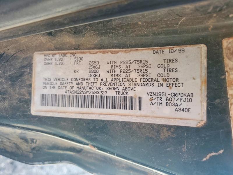 Aukcja sprzedaży 2000 Toyota Tacoma, vin: 4TASN92N9YZ593223, numer aukcji: 62201866