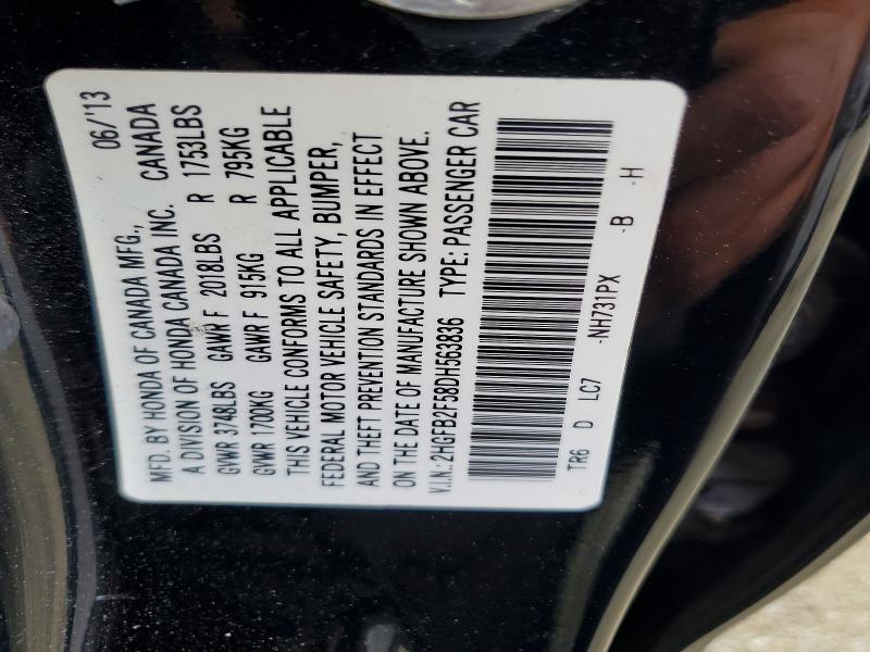 Продаж на аукціоні авто 2013 Honda Civic, vin: 2HGFB2F58DH563836, номер лоту: 62601496