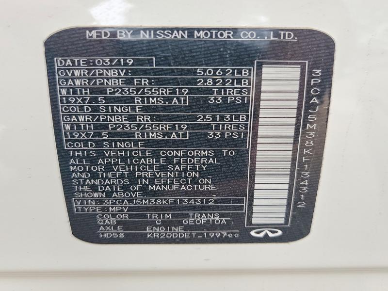 60932086 :رقم المزاد ، 3PCAJ5M38KF134312 vin ، 2019 Infiniti Qx50 مزاد بيع