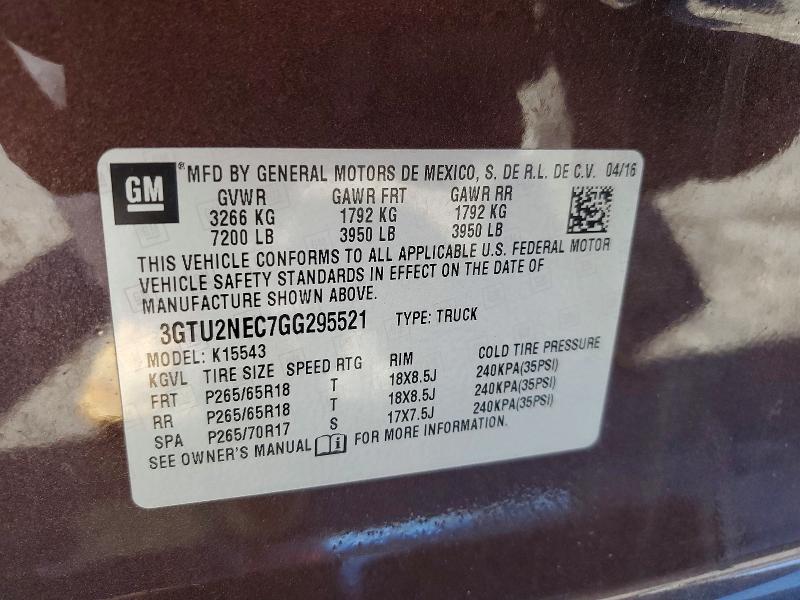 Aukcja sprzedaży 2016 Gmc Sierra, vin: 3GTU2NEC7GG295521, numer aukcji: 61877516