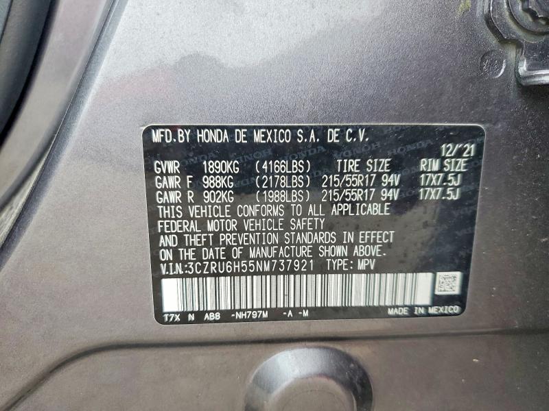 2022 Honda Hr-v მანქანა იყიდება აუქციონზე, vin: 3CZRU6H55NM737921, აუქციონის ნომერი: 61940676