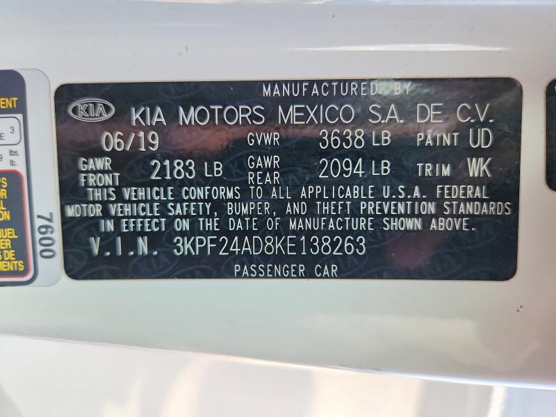 Aukcja sprzedaży 2019 Kia Forte, vin: 3KPF24AD8KE138263, numer aukcji: 61643006