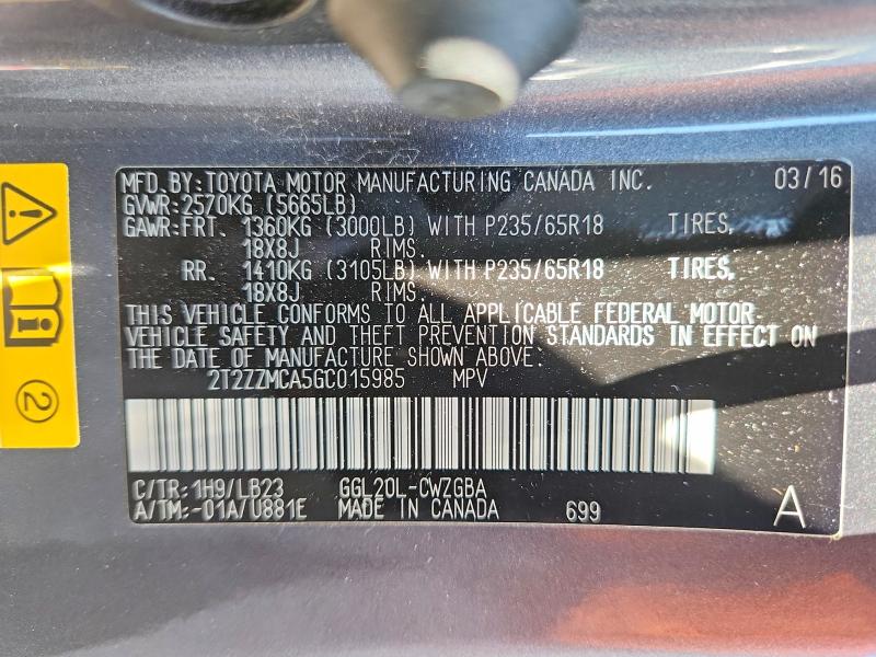 61811276 :رقم المزاد ، 2T2ZZMCA5GC015985 vin ، 2016 Lexus Rx مزاد بيع