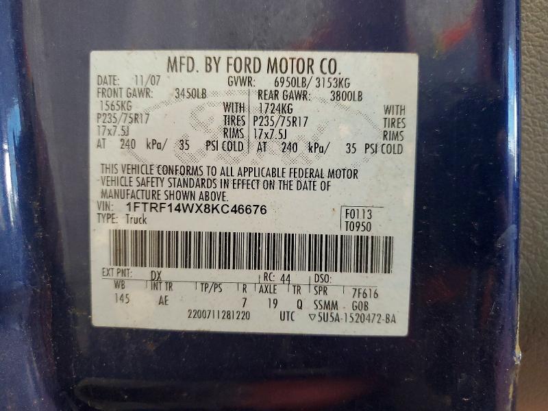 2008 Ford F150 მანქანა იყიდება აუქციონზე, vin: 1FTRF14WX8KC46676, აუქციონის ნომერი: 60615646
