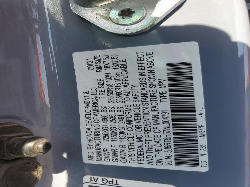 2022 Honda Cr-v მანქანა იყიდება აუქციონზე, vin: 5J6RT6H57NL004791, აუქციონის ნომერი: 59823646
