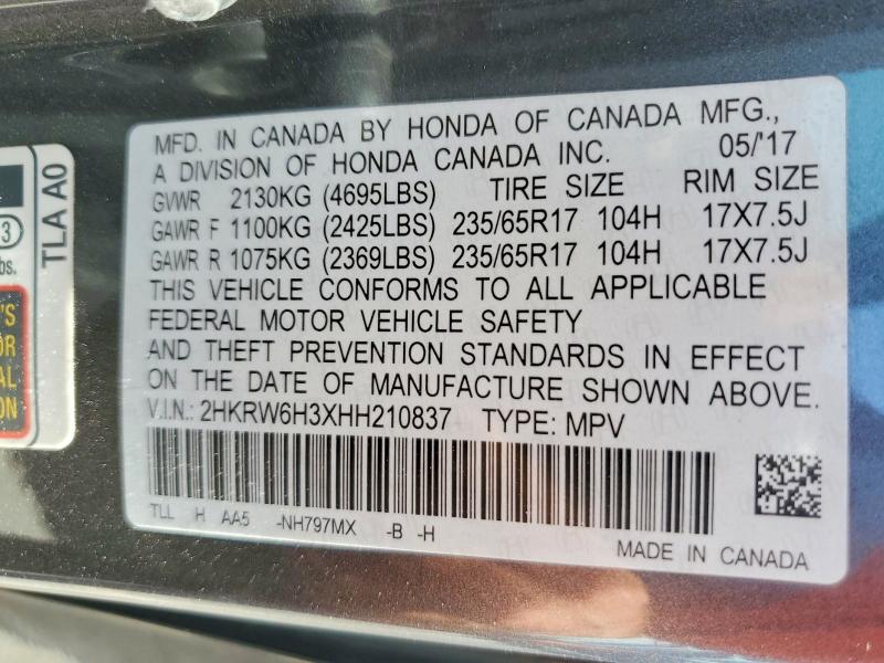59404856 :رقم المزاد ، 2HKRW6H3XHH210837 vin ، 2017 Honda Cr-v مزاد بيع