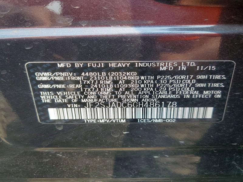 Продаж на аукціоні авто 2016 Subaru Forester, vin: JF2SJADC6GH486178, номер лоту: 62149676