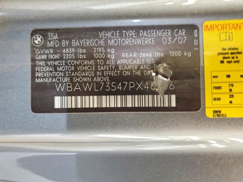 Продаж на аукціоні авто 2007 Bmw 335, vin: WBAWL73547PX46256, номер лоту: 59376636