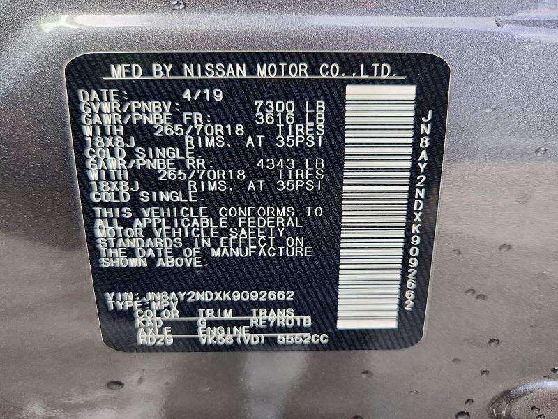61740906 :رقم المزاد ، JN8AY2NDXK9092662 vin ، 2019 Nissan Armada مزاد بيع