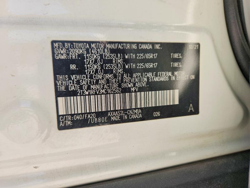 62581776 :رقم المزاد ، 2T3W1RFV3MC162562 vin ، 2021 Toyota Rav4 مزاد بيع