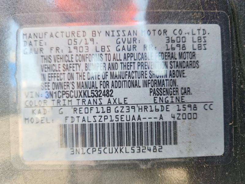 61930236 :رقم المزاد ، 3N1CP5CUXKL532482 vin ، 2019 Nissan Kicks مزاد بيع