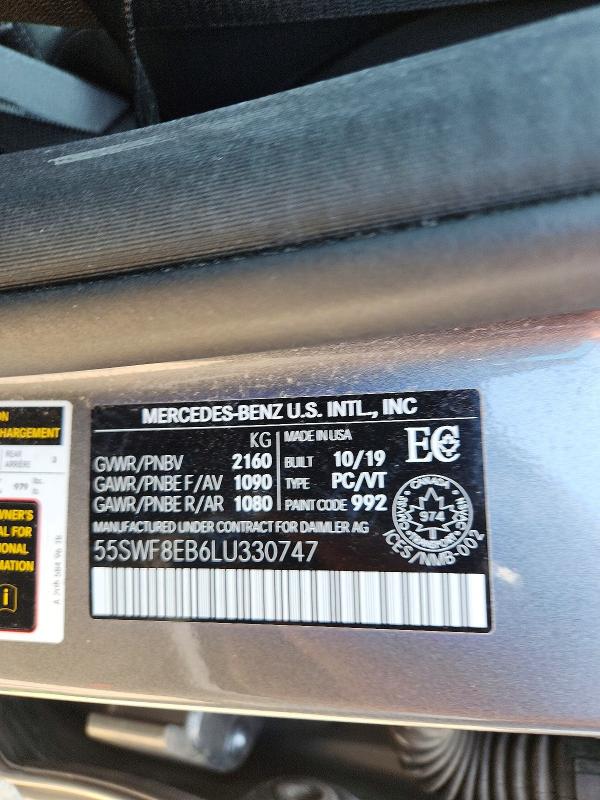 62225156 :رقم المزاد ، 55SWF8EB6LU330747 vin ، 2020 Mercedes-benz C مزاد بيع