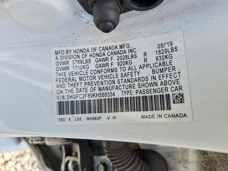Aukcja sprzedaży 2019 Honda Civic, vin: 2HGFC2F89KH568354, numer aukcji: 60088616