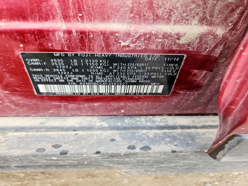 Aukcja sprzedaży 2015 Subaru Outback, vin: 4S4BSBCC4F3262627, numer aukcji: 61592006