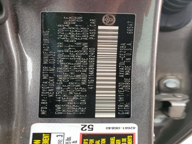 Продаж на аукціоні авто 2022 Toyota Camry, vin: 4T1G11AK8NU682400, номер лоту: 60833416