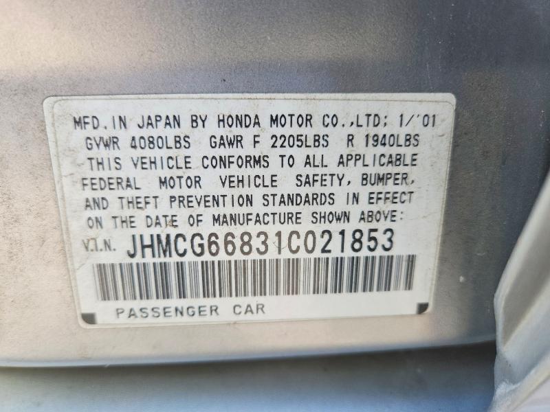 Aukcja sprzedaży 2001 Honda Accord, vin: JHMCG66831C021853, numer aukcji: 61382176