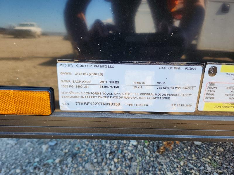 2026 Giddy Up Trailers მანქანა იყიდება აუქციონზე, vin: 7TKBE122XTN019358, აუქციონის ნომერი: 60680546