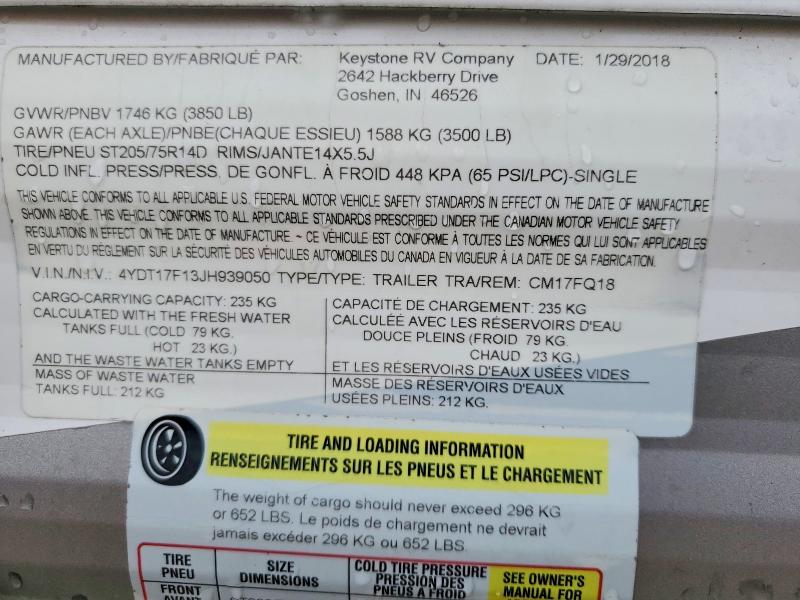 Продажа на аукционе авто 2018 Keystone Coleman, vin: 4YDT17F13JH939050, номер лота: 61913596