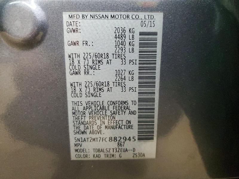 2015 Nissan Rogue მანქანა იყიდება აუქციონზე, vin: 5N1AT2MT7FC882945, აუქციონის ნომერი: 60984766