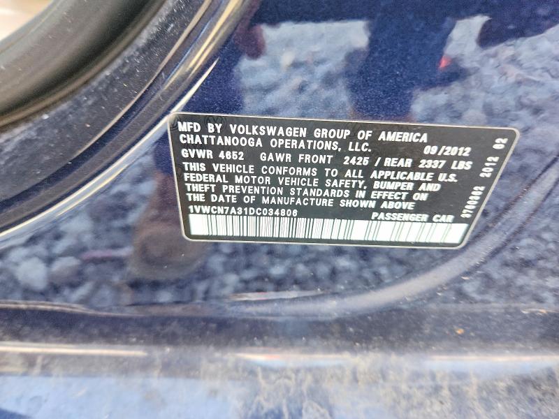 Aukcja sprzedaży 2013 Volkswagen Passat, vin: 1VWCN7A31DC034806, numer aukcji: 60554206
