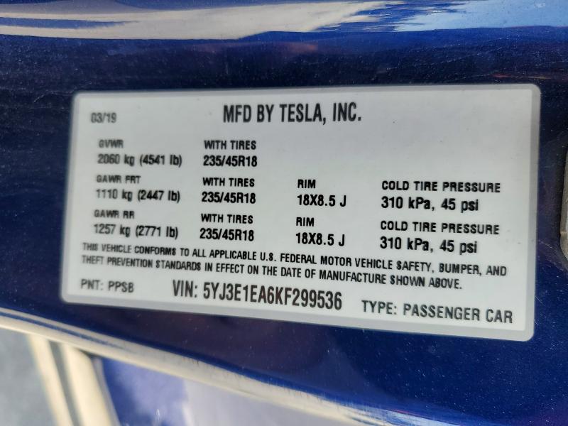 2019 Tesla Model 3 მანქანა იყიდება აუქციონზე, vin: 5YJ3E1EA6KF299536, აუქციონის ნომერი: 62461806