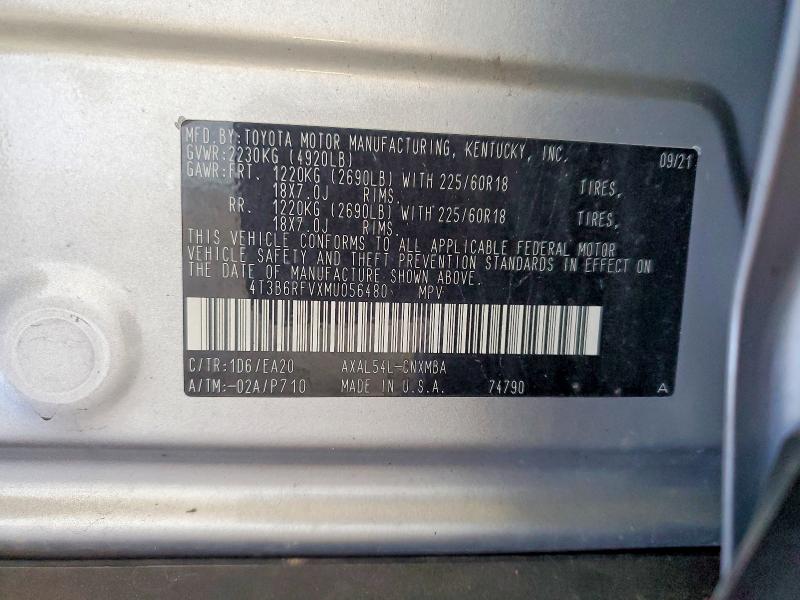 Auction sale of the 2021 Toyota Rav4 Hybrid, vin: 4T3B6RFVXMU056480, lot number: 61202186