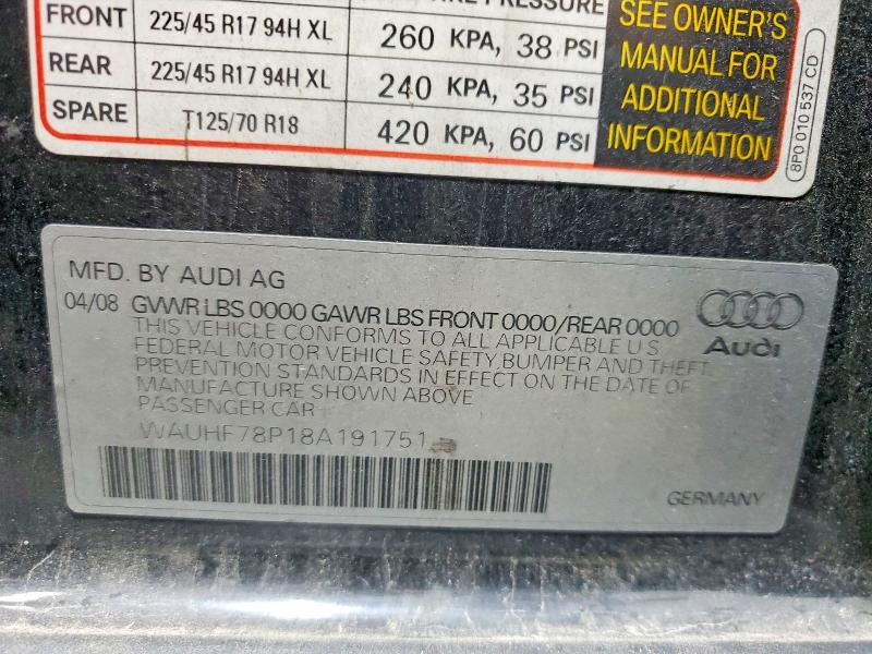 2008 Audi A3 მანქანა იყიდება აუქციონზე, vin: WAUHF78P18A191751, აუქციონის ნომერი: 60578546