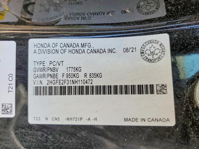 2022 Honda Civic მანქანა იყიდება აუქციონზე, vin: 2HGFE2F31NH110472, აუქციონის ნომერი: 85992085