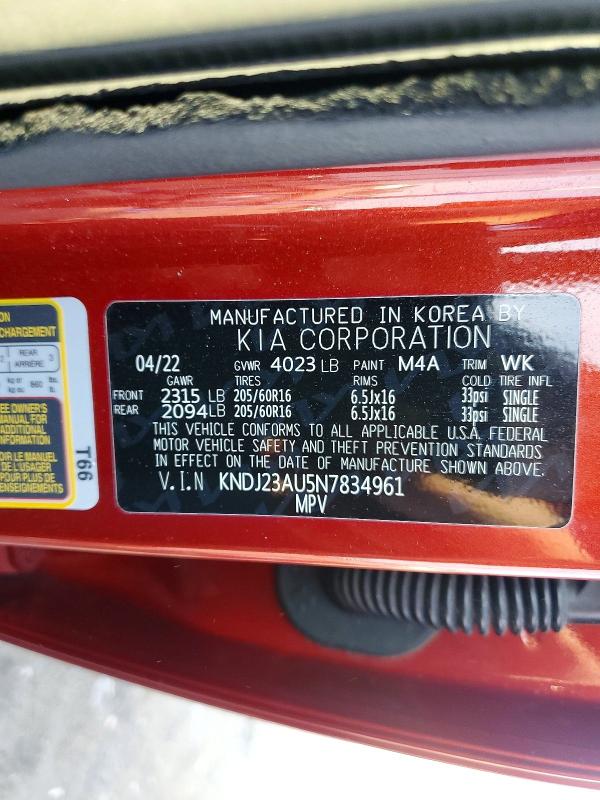 60957636 :رقم المزاد ، KNDJ23AU5N7834961 vin ، 2022 Kia Soul مزاد بيع