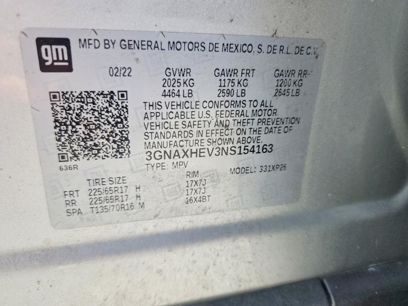 60207576 :رقم المزاد ، 3GNAXHEV3NS154163 vin ، 2022 Chevrolet Equinox مزاد بيع