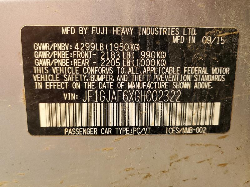 Продаж на аукціоні авто 2016 Subaru Impreza, vin: JF1GJAF6XGH002322, номер лоту: 46327516